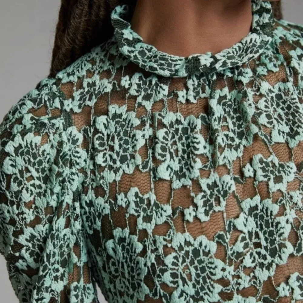 NWOT S Anthropologie Dolan Left Coast Sheer Mock Neck Lace Top Multi Green - Picture 3 of 7